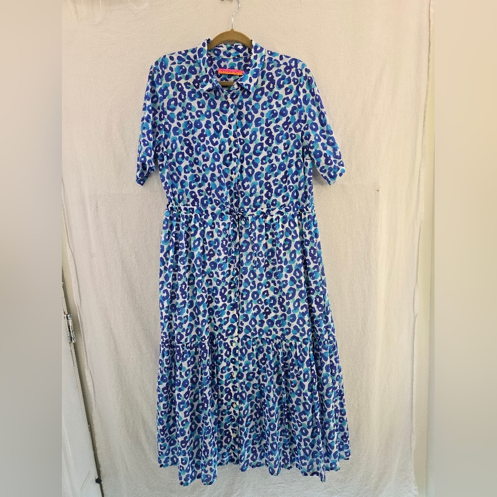 VILAGALLO EVELINE Blue Leopard Tiered Midi Cotton Lined Dress. Ladies Size 12 - Picture 2 of 9
